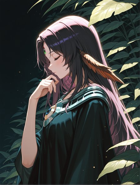 witch of the black forest,solo,closed eyes,green third eye,1girl,upper body,plant,profile,hand up,from side,leaf,closed mouth,brown head wings,black long dress,dark_theme,
masterpiece,best quality,amazing quality,very aesthetic,absurdres,newest,<lora:Witch of the Black Forest illusXL v1.4:0.7>