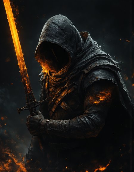 close up, A hooded figure holding a glowing orange big sword, dynamic splashes of black and orange suggesting movement against a stark black background, creating a dramatic and mysterious scene with the bright sword and fiery accents standing out vividly, <lora:- Flux1 - soothing_atmo_V2.0:0.5>, <lora:aidmaMJ6.1:0.8>, <lora:Elden_Ring_-_Yoshitaka_Amano:0.5>