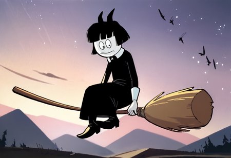 score_9, score_8_up, score_7_up BREAK CrepSus, 1girl, black hair, black bob cut, blunt bangs, black eyes, pale skin, black bow, white-collared long black dress, riding magical broom, flying with magical broom, night sky background,