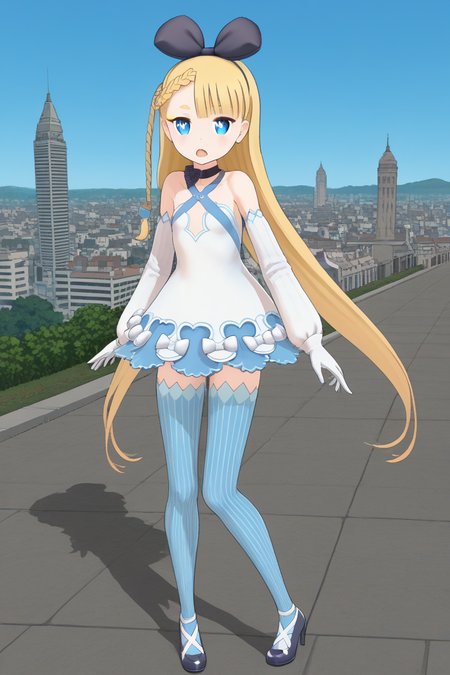 1girl, solo, aliciasolidnnd, blonde hair, very long hair, braid, hair bow, hairband, blue eyes, symbol-shaped pupils, choker, criss-cross halter, dress, detached sleeves, gloves, vertical-striped thighhighs, shoes, high heels, outdoors, cityscape, open mouth, full body