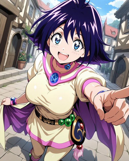 1girl,
AmeliaSlayers,
safe, solo, perspective, dutch angle, upper body,
looking at viewer,
pink choker, pentacle, 
dating, happy,
reaching, pointing, looking at viewer,
multicolored cape, brooch, pentagram,
taut clothes,
short sleeves, bracelet,
large breasts,
belt, 
boots,
medieval, town, 
depth of field,
<lora:kp_AmeliaSlayersAnimagineXL_v1_0:1.0>
masterpiece, high score, great score, absurdres