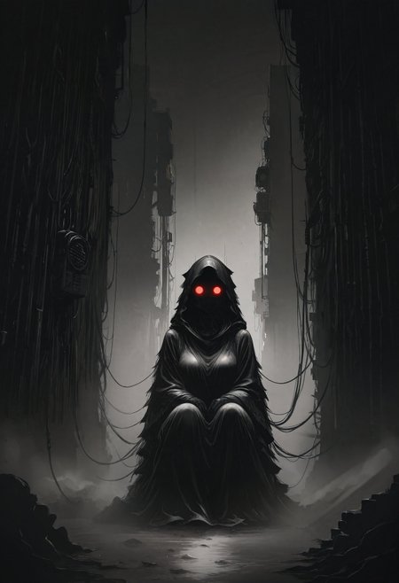 masterpiece, best quality, good quality, newest, highres, cinematic, volume light, agm-illu, monochrome, limited palette, brown and black, dutch angle, perspective, dmsty, solo, alone, 1girl, torn robe, hood on head, glowing red eye, no face, looking at viewer, dark alley, (fog:1.2), steam, cyberpunk, tube, cable, sit at wall, head down, air conditioners, detailed background, garbage, <lora:Anigeiger_Geigerme_Illu_Edition:0.8>,  <lora:Digital_Dystopia_IL:0.8>,  <lora:dark-moody-ill:0.8>