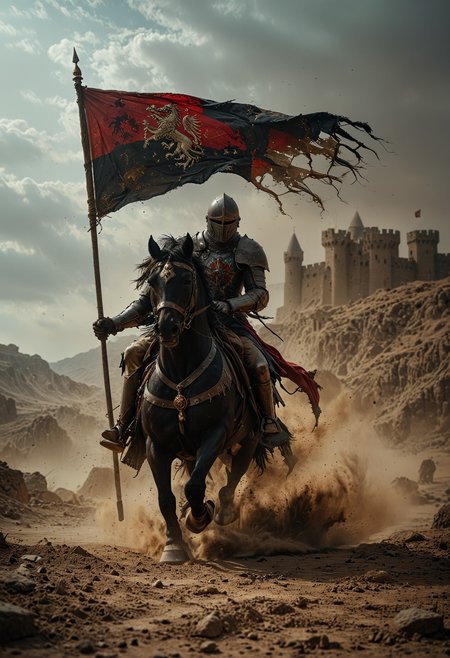dramatic and intense scene, a valiant knight in full armor charging forward on a powerful black horse across a dusty battlefield, the knight holding a tattered black flag emblazoned with a royal crest, In the background a medieval castle looms against the barren, rocky landscape, high stakes and fierce conflict, Dust billows around the charging horse, emphasizing the speed and urgency of the scene, <lora:MJ52:0.6>, <lora:EpicF4nta5yXL:0.8>, <lora:add-detail-xl:1>, <lora:zavy-cntrst-sdxl:1>