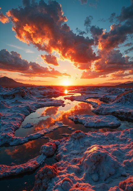A surrealist interpretation of sunset over geothermal salt pans, where crystallized sodium sulfate formations prismatically fracture golden-hour light into chromatic spectrums, mirrored pools reflecting cerulean-to-amber gradients distorted by rising heat waves, 8k hyper-detailed textures capturing caustic patterns on mineral crusts, with stratocumulus clouds diffusing vermilion hues through suspended halite particles. <lora:FluxMythR3alisticF:0.2> <lora:It's a LoRA for portraits, BUT! actually specialized in backgrounds. v1.0:0.6> <lora:flux_vividizer:0.5> <lora:RM_Artistify_v1.0M:0.4> <lora:flux_dev:1>