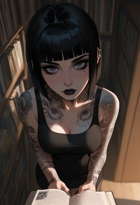 score_9, score_8_up, score_7_up, score_6_up, anime, cute goth girl, antique bookstore, tattoos, holding a comic book reading, looking up at viewer, pov from above, large natural breasts, hips, flat tummy, cinematic angle, cinematic lighting, solo focus