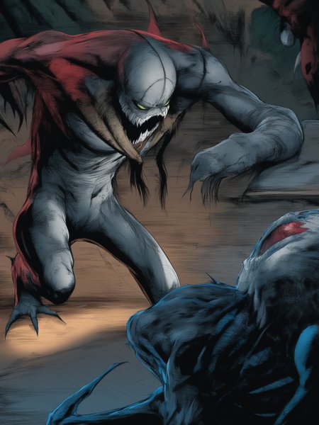 masterpiece, best quality, best score, absurdres, best anatomy, 
 <lora:[Todd McFarlane (associated Artists of Image Comics)] Spawn Art Style Issues 1-10 IllustriousXL:1>,western comics (style), monster, alienclaws, science fiction