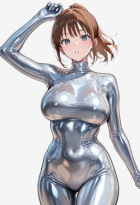 best quality, amazing quality cowboy shot, simple background,((outlined outlined vector graphics)),   simple background,  front view ,  looking at viewer ,
1girl, 20yo, brown hair, gray eyes, (large breast:1), (ponytail:1.1), medium hair,(curvy:1.1),bangs, cute face,
silver glossy latex bodysuit, glossy latex bodysuit  , peaceful,  ,  running ,  , arm up ,  , parted lips  <lora:glossy-latex-bodysuit-il-01:0.7>