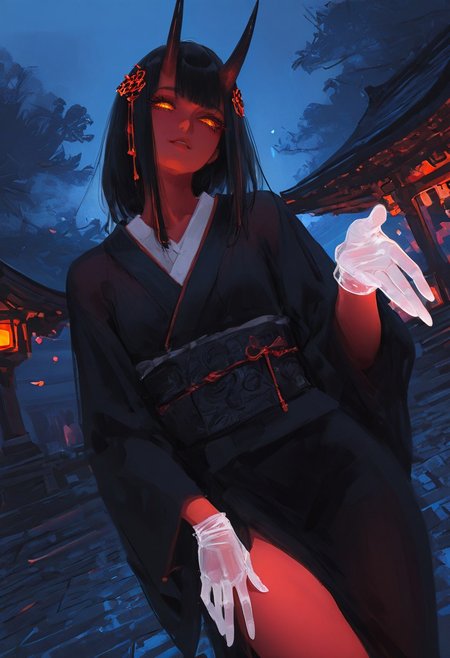 masterpiece, best quality, amazing quality, 1girl, hair ornament, 
wlop, nhl-001, limited palette, realistic 
 8K, illustrating, CG, detailed-eyes, detailed background, cute girl, eyelashes, lowlight
BREAK
sexy, slutty, hot, aroused, 
BREAK
detailed background, eyelashes, erotic, looking seductive, coy. dynamic action image, detailed face, detailed eyes, direct mesmerizing gaze, 
BREAK
Aka-Oni, oni, colored skin, red skin, smooth horns, black horns, 
BREAK
 white gloves, see-through gloves, long kimono, outdoors, shrine, night, moonlight, dutch angle, dark theme, high contrast, reaching towards viewer, foreshortening, head tilt, sash, glowing eyes,