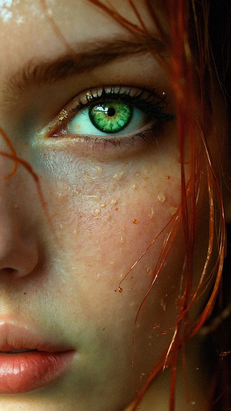 a hyper-realistic, extreme close-up of a beautiful woman's face, focusing on the intense detail of their bright green eye with beautiful long eyelashed with detailed eyeliner. The intricate eye should have vivid, emerald tones with flecks of gold around the iris, capturing light in a way that draws immediate attention. The skin is wet, covered in water droplets that reflect light and enhance the natural texture. Strands of wet, reddish-brown hair cling to the face, adding depth and framing the eye. The overall color palette is warm, with subtle contrasts that emphasize the eye’s vibrancy against the softer tones of the skin. The expression should convey a sense of intensity and introspection, as if the person has been caught in the rain or is emerging from water. Use a shallow depth of field to blur the background and keep the focus entirely on the face, capturing every minute detail of the skin, hair, and eye to evoke a sense of immediacy and emotional depth.



































