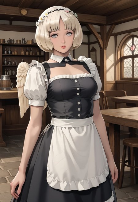 score_9,score_8_up,score_7_up, full body, 1girl, very tall, detailed skin, beautiful, seductive, mommy, thick thighs, large breasts, milfication,mature female,milf, small breasts,
flower diadem, medium hair, blonde hair, parted bangs, grey eyes, medieval tavern, maid, maid headress, frills, cute, indoors, inn, little wings,
BREAK, inside fantasy bedroom,
detailed