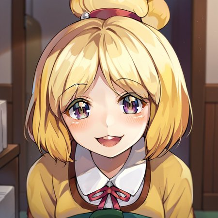 score_9, score_8, score_7, source_anime, shizue isabelle, POV, looking at viewer, blush, smile, open mouth, upper teeth only