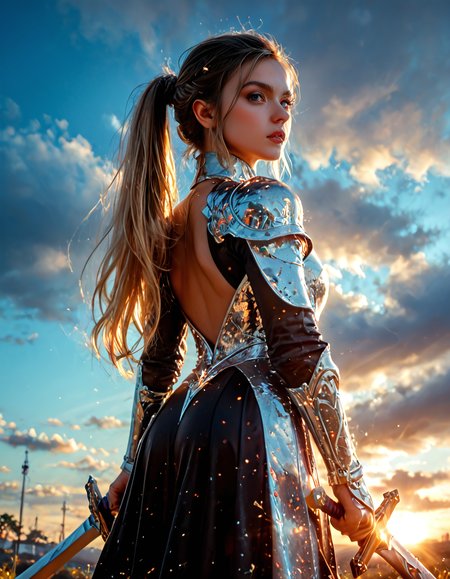score_9, score_8_up, score_7_up, (realistic), photorealistic, 8k, upper body shot, giant crucifix sword focus, combat pose, ((dynamic pose)), Evil rococo woman, wearing a silver and black Regency dress, long blond dove ponytail, (wielding a sword), (the sword as silver and black mystical holy energy), rococo style, long blond pony tail, hyper stylize, trending on art station, diagonal shot, film grain, midnight, high definition, best quality masterpiece, dynamic angle, best quality, highres, HDR, ultra-detailed, extremely detailed CG unity 8k wallpaper, perfect artwork, hkstyle, <lora:FantasyKnightsV4:1>, sunrise, god rays, <lora:GodRays:0.8>, extremely detailed, hyperdetailed art, high resolution, highly detailed, masterpiece, <lora:cfg_scale_boost:0.7>