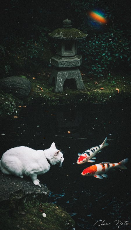 Japanese Culture Style, Emotional Photos, 35mm film, A white cat and a koi carp in a pond are looking at each other, Japanese Garden