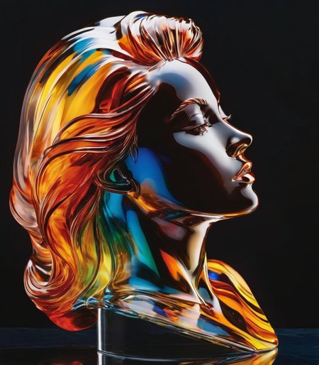 A portrait of glasssculpture, woman in an action pose, with dynamic movement and bold colors. By Alex Ross, Jim Lee, or Jock.<lora:sdxl_glass:1>