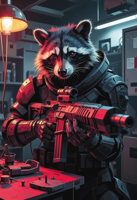 ckbwaw, a digital artwork in the style of ckbwaw, l0wp0ly, in the style of ck-mgs, a cybernetically enhanced raccoon is assembling a futuristic scifi rifle in a messy dimly lit workshop, bright eyes, best quality,masterpiece, detailed, UHD, award-winning,vibrant,acid colors,illustration,concept art,surreal,dark,tenebrous, dynamic,cinematic,archaic,hard science fiction, metal,closeup,zoomed,hdr,brown,dark red,indigo,dystopian,apocalyptic,twilight,decline
