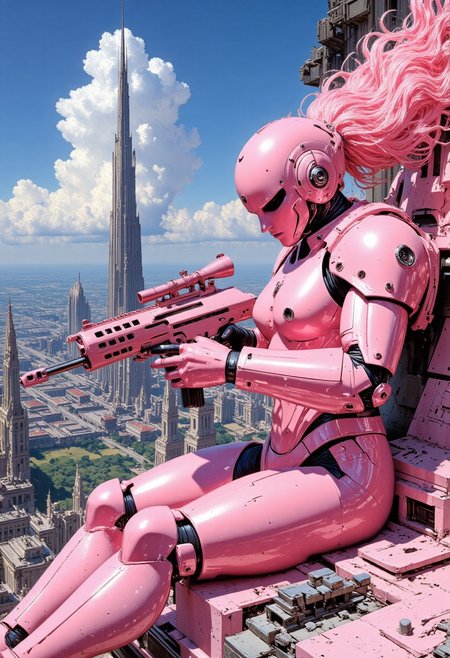 hyper realistic and highly detailed, highly dynamic cinematic panorama view, 
girl in pink high-tech armor, candy armor, pink hair, holding a pink candy rifle, bright day, high-tech city, sunny weather, on the roof, sitting on the edge of a building, cheerful playful mood.
Perfect hand. candy colors in the style of ckcf, MythR3tr0
