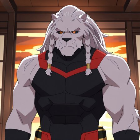masterpiece, best quality, newest, absurdres, highres, Invincible-show-style-INVPACK.V1.0,
1boy, Battle-Beast-INVPACK.V1.0, 
furry, furry male, muscular, muscular male, white fur, braid, braided hair, twin braids, orange eyes, colored sclera, black sclera,