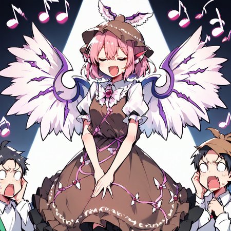 score_9, score_8_up, score_7_up, masterpiece, best quality, detailed, perfect, perfection, vibrant, gorgeous, 
BREAK
mystia, wings, brown headwear, short hair, hat, animal ears, puffy sleeves, dress, pink hair, brown dress, cowboy shot, frills, pink eyes, juliet sleeves, jewelry, shirt, winged hat, bangs, hair between eyes, white wings, white shirt, bird wings, feathered wings, earring, frolled dress, frilled sleeves, 
BREAK
bad singing,crowd,happy,grimace,(hands on own ears:1.2),music,noisy musical note, multiple boys,screaming,closed eyes,blank eyes,holding microphone,