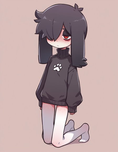 zPDXL, score_9, score_8_up, score_7_up, source_anime, 1girl, solo,
 <lora:Orenji_v2:0.8> orenji, black sweater, turtleneck, white leggings, no shoes, sweater dress,, <lora:Furfrou_v2:0.8> furfrou, (dog ears, dog tail, dog girl), black fur, white skin, red eyes, jitome, bags under eyes, small breasts, freckles, hair over one eye, body freckles, half-closed eyes