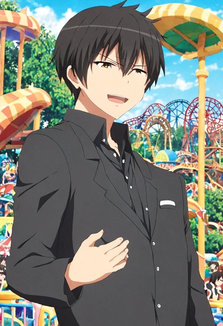 high resolution, solo, best quality, 1Boy, Kanie Seiya, Black Hair, Manager, theme park, OverallDetail