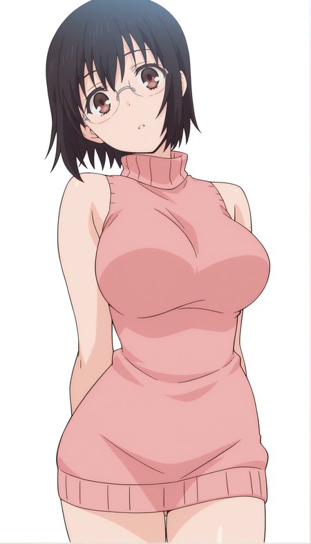 <lora:ILXL_KotoneShirakawa_OF_Mornix:1> kotoneofdef, brown eyes, black hair, short hair, anime screencap,
solo, glasses, breasts, white background, sweater, simple background, dress, sweater dress, sleeveless, bare shoulders, turtleneck, looking at viewer, pink sweater, thighs, cowboy shot, parted lips, head tilt, turtleneck sweater
masterpiece,best quality,amazing quality,