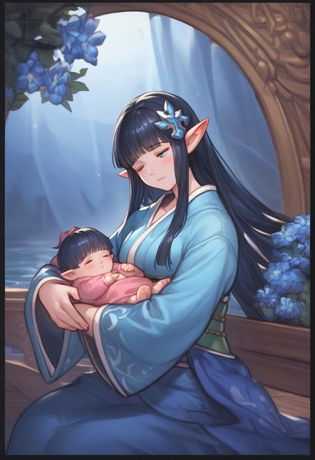 1girl, score_9,score_8_up,score_7_up, blanket over body, 
elf ,pointy ears, blue eyes and long black hair, couplelunia, blue kimono, long black hair mother, wide long sleeves blue kimono, white sock, green obi, himecut, hime cut, blush, black hair wife, blue eyes, close up shot, upper body, blue flower hairpin,
 looking down at baby, sitting down, (baby sleeping), baby carry, holding baby,
