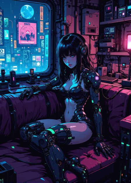 neonpunk, A striking upper portrait of a cyberpunk girl sitting confidently in their vast hacker home, provocative posing looking at the camera, window view, neon glow of holographic billboards and advertisements illuminating her room. Her body is a masterful fusion of organic beauty and advanced cybernetic enhancements partly covered in lace lingerie, skin. Metallic implants run down her arms and legs, glowing softly with energy beneath her smooth, translucent skin, giving her an almost ethereal presence. Her hair is jet black, threaded with neon blue fiber optics. Her eyes, augmented with data-processing lenses. a powerful exoskeleton glows faintly, augmenting her movements for agility and speed. dark neon palette
<lora:ck-shadow-circuit-000021:0.45>  <lora:test2:0.7> <lora:ck-nc-pastel-cyberpunk:0.55>  <lora:m100-style_v.02:0.2> <lora:ck-MetalGearSolid-000019:0.25>