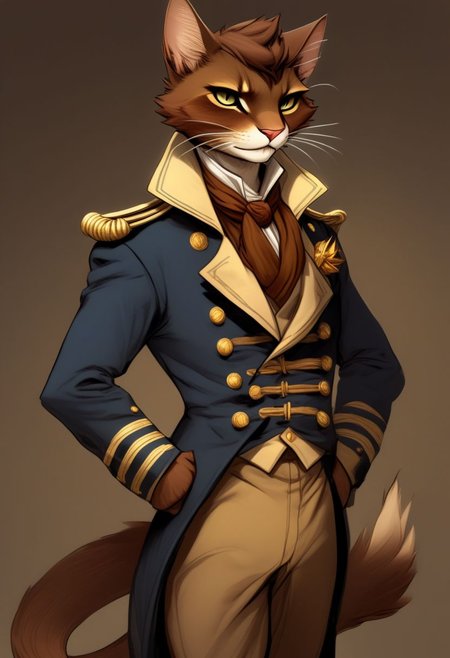 A short haired tabaxi man in well kept sailor captain uniform, Dark brown and tan fur, Commanding, leader, confident, dancer, elegant