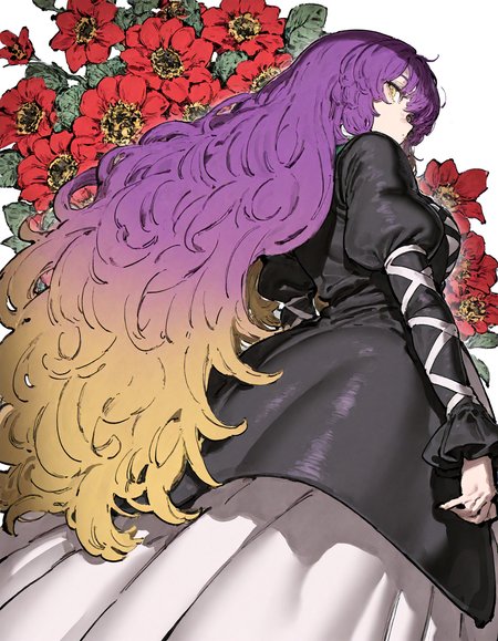 1 girl,, hijiri_byakuren,  1girl ,, black_dress, blonde_hair, ,dress, flower, gradient_hair, juliet_sleeves, long_hair, long_sleeves, looking_back, ,multicolored_hair, puffy_long_sleeves ,puffy_sleeves ,purple_hair, red_flower, standing ,very_long_hair ,wavy_hair ,white_background, yellow_eyes,
, munakata_(sekimizu_kazuki),dekosukentr ,ireading,kubo_tite_(style) ,remyaruku65,
,masterpiece, best quality, newest, absurdres, highres,
, <lora:add-detail-xl:0.5>,  <lora:USNR STYLE_XL_loha:0.6>, <lora:cfg_scale_boost:0.4>,