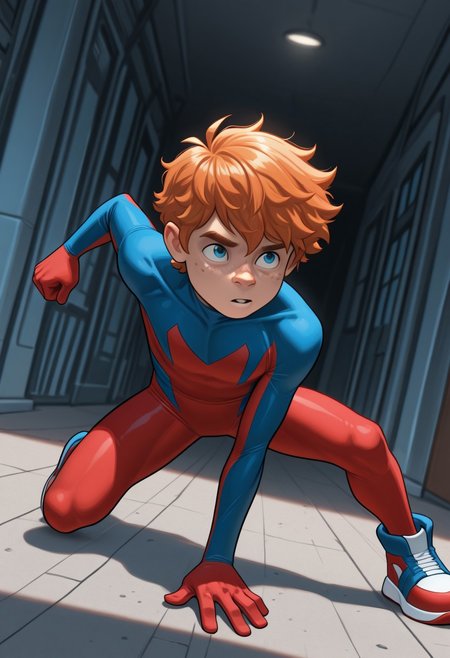 1boy, male focus, cute boy, BaileyBriggs, maskless, Orange Hair, Blue Eyes, Freckles, Spiderboy Costume, Two-tone Bodysuit, Red Bodysuit, Blue Bodysuit, Red Blue Sneakers, cinematic, intricately detailed illustration, depth of field, masterpiece, best quality, amazing quality, very aesthetic, absurdres, newest, very awa, shadow, dynamic angle, casual cosplay, dynamic pose,  action pose,