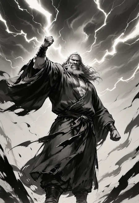 1boy, solo, beard, facial hair, lightning, electricity, greyscale, robe, long hair, plump, holding, simple background, standing, torn clothes, mature male, grey hair, old man, clenched hand, muscular male, old, wind, male focus, from below,
BREAK
bara, best quality, masterpiece, very aesthetic, absurdres, highest detailed, very awa, detailed background, <lora:Ink_wash_painting_style_v2.0:0.8>
