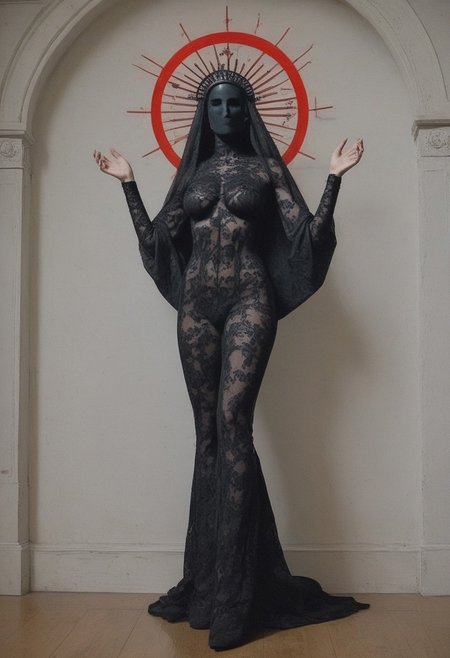 ((score_9, score_8_up, score_7_up)), (((character design, sci-fi warrior women, feminine power, perfect anatomy))), 
An enigmatic figure of a (satanic)nun(caucasian), her (dark habit_catsuit covers all her skin), conducting a sensual satanic ritual inside a dark cathedral during night under a red eclipse. Her (eyeless)mask, elaborate crown, (fully)conceals her identity, adding to her mystique and allure. gold stiletto platform thigh boots, big breasts, underboobs, tiny waist, flat abs, naughty, looking at viewer, seducing with her body, dancing towards viewer with her arms posing, sexy ass seductive wide hips, butt cheeks, twerk, huge perky breasts, in the style of a vintage, high-contrast setting. Emphasize theatrical elements with extreme opposition of bright colors against dark, moody backgrounds, under a dark red sky
,big butt, booty, bubble butt, black tape <lora:add-detail-xl:2>