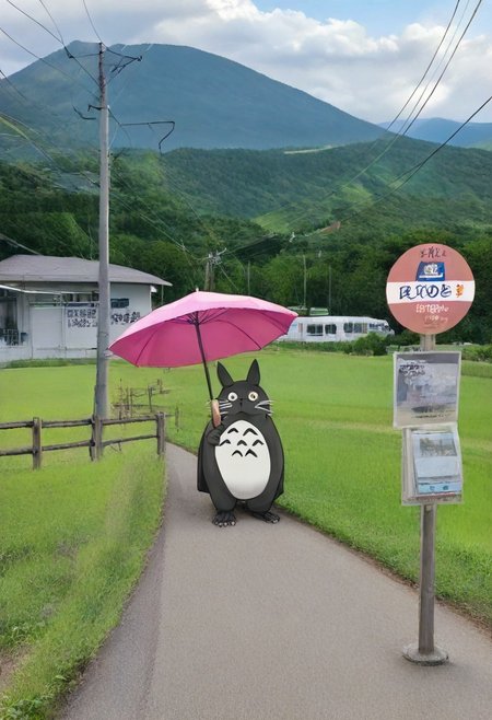 totoro,holding an umbrella,basutei, bus stop, no humans, scenery, grass, outdoors, rural, tree, sky, sign, utility pole, mountain, power lines, day, real world location, building, road, house, cloud, landscape, poster (object), mountainous horizon, fence, hill, photo background, bush, japan, field, nature
masterpiece, best quality, amazing quality, very aesthetic, absurdres, newest,
 <lora:sc_bustei_illustrious_V1L:1>