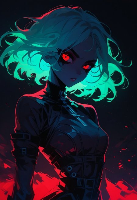 score_9, score_8_up, score_7_up, score_6_up, NLSTN, 1girl, red eyes, black background, 1girl, dark, black bodysuit, suggestive pose, dynamic pose, moonlight, perfect female waist, halftone lighting, makeup, eyeliner, eyeshadow, mascara, glowing, dark