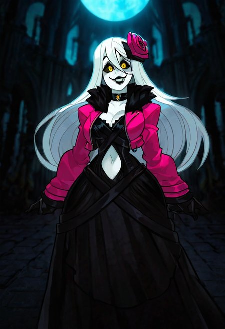 masterpiece, best quality, absurdres, highres, 
 <lora:o___8_ill:1>
score_9,score_8_up,score_7_up,score_6_up,score_5_up, night,, masterpiece, detailed_eyes, high_quality, best_quality, highres, absurdres, 8k, subject_focus, depth_of_field, ,, score_9, score_8_up, score_7_up, source_anime BREAK , high_quality, highres, beautiful, detailed, (masterpiece, best quality:1.2), 1girl, white hair, side swept hair, long hair, colored sclera, black sclera, yellow eyes, , black lips, black eyeshadow, colored skin, white skin, smile, gothic architecture, night, dark, Moonlight, hair between eyes Outfit dress, navel, cleavage, jacket, upper body, heart,, choker, black dress, lips, fur trim, clothing cutout, , black choker, lipstick, cropped jacket, pink jacket, boots, hair ornament black Rose, Evil smile