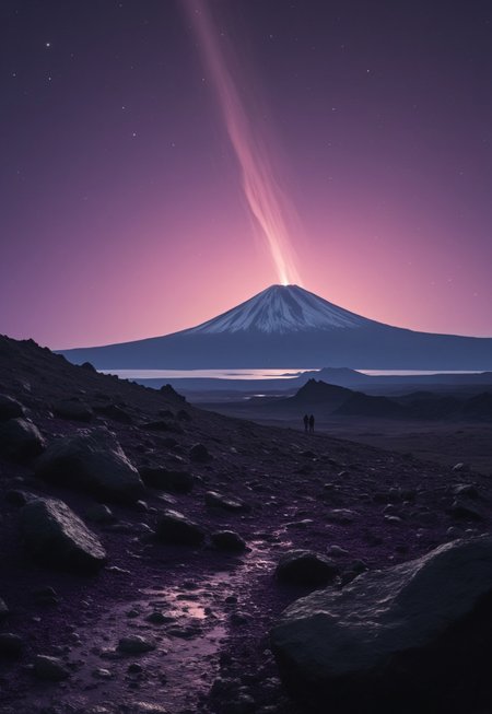 DB4RZ style painting, A dark, otherworldly volcanic landscape looms under a vast, star-filled night sky. The monumental volcano, towering and ominous, is formed from nearly black rocks and violently erupts with glowing streams of magma that pour down its slopes, casting an eerie light across the scene. Above, gigantic clouds swirl, unnaturally illuminated in vivid, otherworldly hues of deep purples, greens, and electric blues, stark against the dark sky. The stars seem brighter than usual, scattered like silver dust across the heavens, adding to the surreal atmosphere. Amidst this chaotic beauty, a lone cloaked figure sits quietly on a jagged outcrop of stone, silhouetted against the volcanic glow. The strange mix of the volcanic fury, the alien light from the clouds, and the serene starlit sky creates a scene both majestic and unsettling, where natural forces collide with unnatural light in a sublime display. (purple sky colors: 2.5) (ethereal glow: 2.3)
 (8k uhd:1,4)
 <lora:add-detail-xl:1>
 <lora:Dynamic Poses:1>
