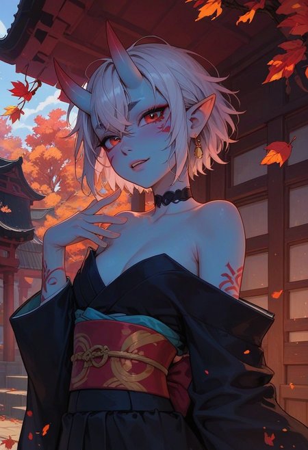 score_9, score_8_up, score_7_up, score_6_up, 
1girl, 25 years old, perfect face, cute, petite, 
red eyes, 
white hair, short hair, messy hair, crossed bangs, hair between eye, pointy ears, black choker, 
(blue skin:1.2), (oni:1.2), blue oni, facial tattoo, 
kimono, tattoos, Japanese architecture, temple, autumn,
cowboy shot,