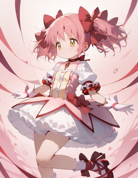 (score_9,score_8_up,score_7_up),<lora:homura and madoka:1>,, (mahou_shoujo_madoka,kaname madoka,pink hair,twintails,short twintails,hair ribbon,red ribbon,hair bow,ribbon,yellow eyes),(magical girl,choker,ribbon choker,red choker,soul gem,gloves,white gloves,puffy sleeves,puffy short sleeves,short sleeves,bow,skirt,bubble skirt,frilled skirt,dress,white skirt,frills),(white socks,frilled sleeves,frilled socks,socks,ankle ribbon,leg ribbon),red footwear,, 1girl, perfectly flat chest, tiny perky tits