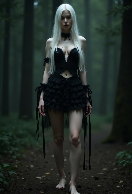 cinematic photo of a sexy character.  A beautiful young woman with long white hair stands gracefully in a dark forest. She is wearing a short, black, strapless, sleeveless, shoulder-less frilly mini-dress inspired by a wuxia style, featuring a midriff window that exposes her bellybutton and emphasizes her cleavage. Her outfit is complemented by black ribbons adorning her wrists, ankles, arms, and thighs. She is barefoot, with black-painted toenails and fingernails. Her pale skin contrasts elegantly with her dark attire, and her bare feet, hands, arms, and legs give her an ethereal and striking appearance. The high-quality photograph captures every detail of the scene, creating a masterpiece that highlights her seduction and the mysterious atmosphere of the dark forest.