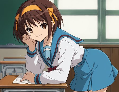 score_9, score_8_up, score_7_up, source_anime,
haruhisuzumiya,  <lora:haruhi-suzumiya-s1-ponyxl-lora-nochekaiser:1>,
haruhi suzumiya, short hair, brown hair, brown eyes, hairband, medium hair, ribbon, hair ribbon,
skirt, long sleeves, school uniform, serafuku, sailor collar, blue skirt, blue sailor collar, winter uniform, kita high school uniform,
indoors, classroom, bent over, smile,
looking at viewer, cowboy shot, solo,