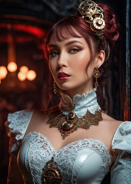 masterpiece, best quality, dark environment, (steampunk:1.5), a woman, (white latex with lace), turtleneck, (jewelry, earrings, necklace), burlesque, sexy, 8K, extremely detailed, decorated clothing, dragon, bloodwave, dynamic, great lighting, perfect shading, depth of field, soft side light, very detailed glowing background, <lora:MS_Aika_Yumeno_V2_SDXL:0.8>, <lora:add-detail-xl:0.8>