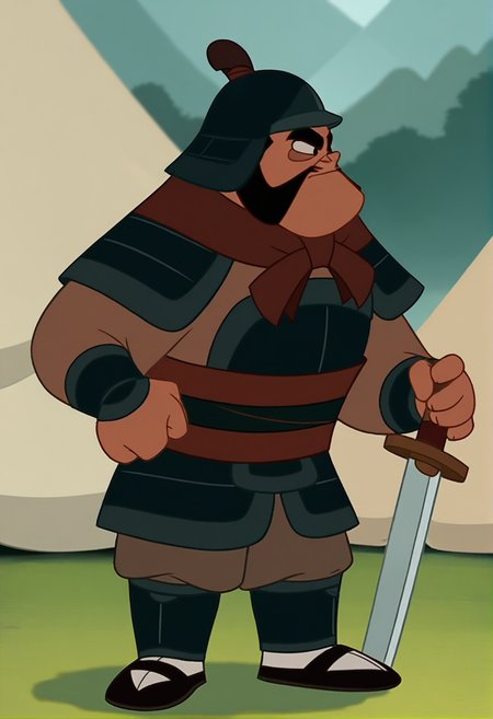 ,yao1998, male focus, black hair, facial hair, thick eyebrows, short hair, mustache, beard,(male only, male focus,male:1.3),masterpiece, best quality, high quality, detailed, full body, armor, sword, helmet, japanese armor, solo, front view,  <lora:Yao1998-illustrious:1>, camp, out side, tents,
