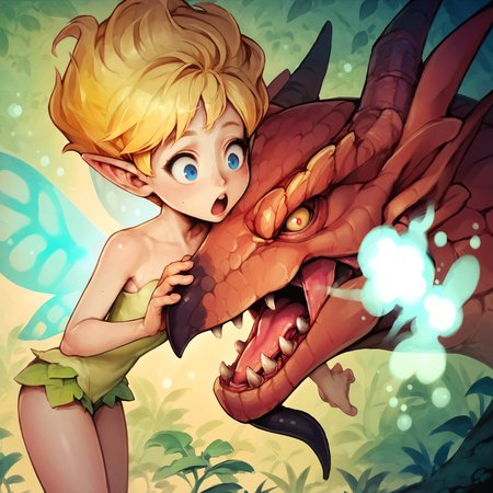 score_9,score_8_up,score_7_up,score_6_up,source_anime,<lora:Vanillaware_XL:1>,very large red dragon,breathing fire,flying,close-up,fairy,fairy wings,blonde hair,blue eyes,surprised,panicking,pointy ears,