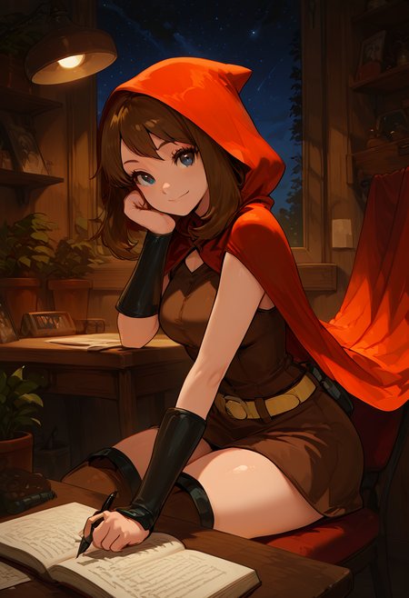 masterpiece, best quality, 1girl, eyelashes, (beautiful eyes), looking at viewer, smile, narrow waist, wide hips,   zzRedMayCitron, 1girl, shirt, thighboots, brown shirt, yellow belt, red hood, cape, gaze, flowing cape, foreshortening, fantasy background,  ,<lora:LittleRedMay_IXL:1.0>,     (dynamic pose, foreshortening), , zzLofi, sitting, side view, desk, chair, book, bookshelf, head rest, holding, holding pen, lamp, night, open book, pen, plant, potted plant, sky, star (sky), starry sky, window, windowsill, writing, <lora:LofiGirl_Style_IXL:0.8>,