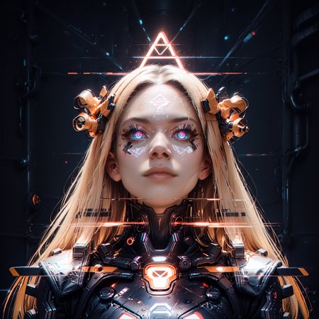 score_9,score_8_up,score_7_up, glitch, d1splaygl1tchl1nes, a glowing (triangle:1.2), (abigail williams \(fate\):1.0), (keyhole), forehead mark, cyborg, mecha, breasts, contrapposto, shiny, glamour, makeup, glossy, glowing eyes, anamorphic, science fiction, geometric, cyberpunk style  <lora:Glitch:0.7>  <lora:Display_Glitch_Lines_Effect_PONY_XL_by_UOC:0.7> <lora:futuristic_Concept:0.2> <lora:Cyberpunk_Style:0.2> <lora:TransHumanizm_Concept_PONY_XL_by_UOC:0.4>, (black background:0.8), particles, dust, lines,mature,long hair, blonde hair