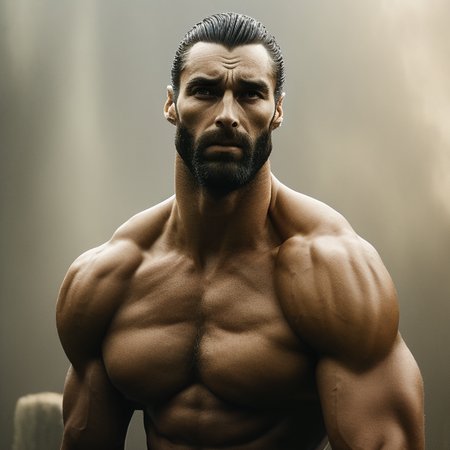 GigaChad, square jaw, hasselblad, kipaki, bokeh, hyperrealistic, dramatic lighting, art by photohelper