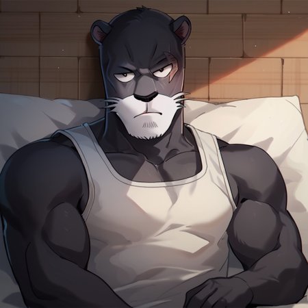 scorre_9, score_8_up, score_7_up, score_6_up, score_5_up,  <lora:Pantherlily-000015:1.0> pantherlily, 1boy, solo, muscular male, scar across eye, bara, furry male, lying