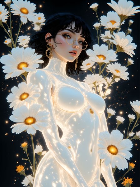 A highly detailed and intricate fantasy artwork of a woman in a cybercore aesthetic, showcasing a double exposure effect that merges light and shadow beautifully. She is depicted full-body with an hourglass figure, medium breasts, wide hips, and full cheeks, around 30 years old. The woman is wearing a white sleeveless leotard, which subtly highlights her luminous, translucent body. Floral patterns with glowing effects adorn her silhouette, enhancing her ethereal presence. The image is captured in a minimalist, sketch-like style with clear lines, incorporating light bokeh and low-key lighting, creating a dreamy, otherworldly atmosphere. The use of cyberpukai elements infuses the piece with a futuristic yet organic feel. She wears glasses, exuding intelligence and grace, as the overall mood is enhanced by the glowing and shimmering details that elevate the art's atmosphere. aidmaimageupgrader, aidmaMJ6.1m, detailmaximizer, mythp0rt, ne0nfant4sy, drkfnts <lora:aidmaImageUpgrader-FLUX-V0.2:1.0> <lora:flux.1_lora_flyway_Epic-detail_v2:0.8> <lora:aidmaMJ6.1_aidmaMJ6.1-FLUX-v0.4:0.8> <lora:v1v1dr34m:0.7> <lora:aesthetic2-cdo-0.5:0.8> <lora:mythp0rt_FluxMythP0rtr4itStyle:0.7> <lora:ne0nfant4sy_NeonFantasyPrimeFLUX-000049:0.76>