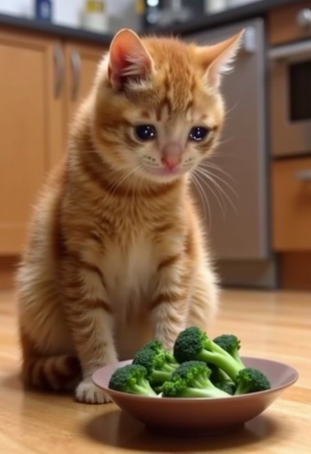 realistic photo of crying cat sitting on the floor looking at a food bowl of broccoli, kitchen in the background, high quality, incredibly detailed, hyperrealistic digital photo