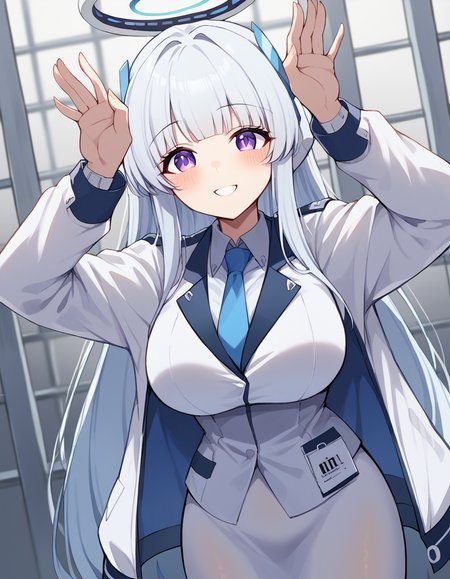 score_9, score_8_up, score_7_up, source_anime, <lora:noa-ushio-ponyxl-lora-nochekaiser:1>, noa ushio, purple eyes, grey hair, blunt bangs, long hair, sidelocks, large breasts, mature female, blue necktie, halo, headphones, long sleeves, mechanical halo, necktie, pantyhose, shirt, skirt, suit, two-sided fabric, two-sided jacket, uniform, white jacket, white shirt, white skirt, white suit, prison, bars, cells, guards, confined, smile, <lora:rabbit-pose-ponyxl-lora-nochekaiser:1>, rabbit pose, smile, blush,, looking at viewer, solo,, dutch angle, cowboy shot